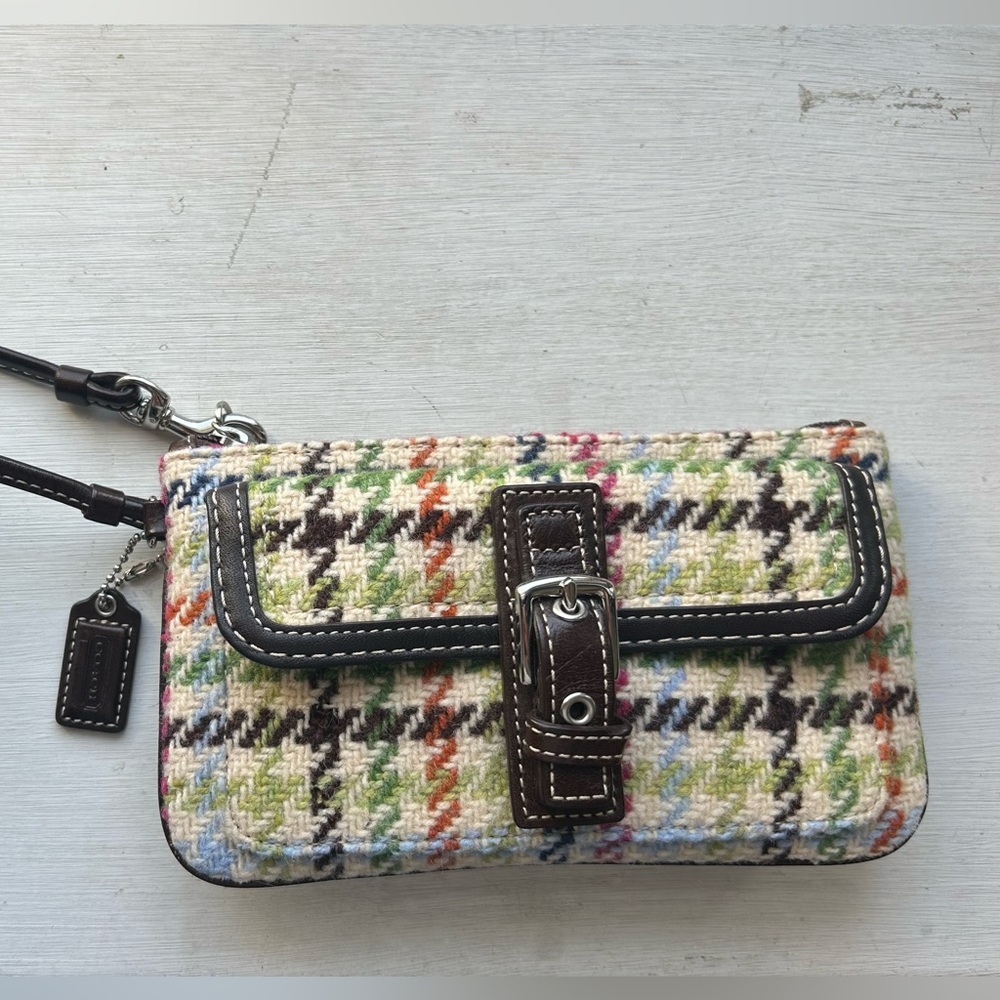 Coach vintage wool wristlet with silver hardware and brown leather. EUC